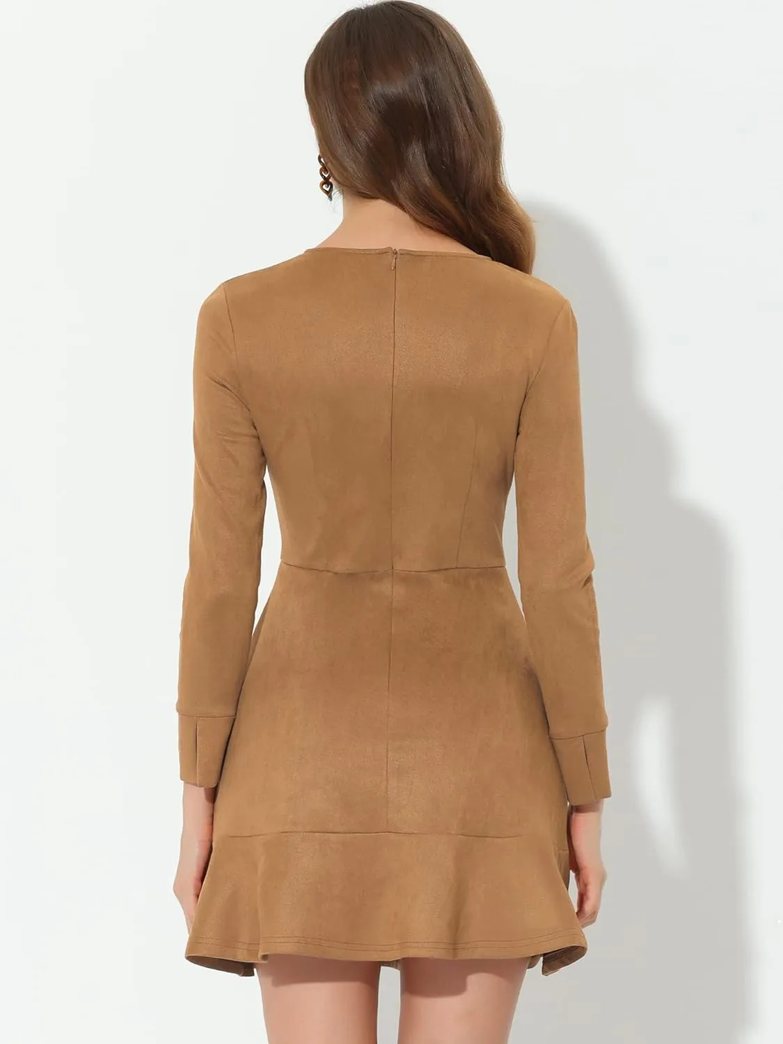 Allegra K Women's Faux Suede Round Neck Elegant Long Sleeve Ruffle Dress