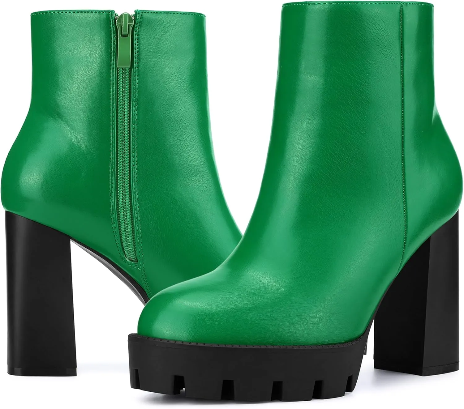 Allegra K Women's Platform Lug Sole Round Toe Side Zip Block Heeled Chelsea Boots