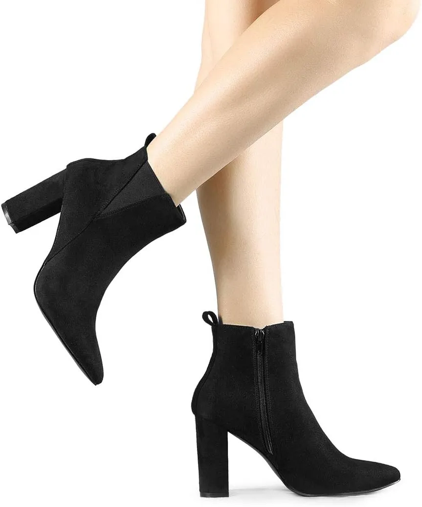 Allegra K Women's Pointed Toe Zipper Block Heel Ankle Chelsea Boots