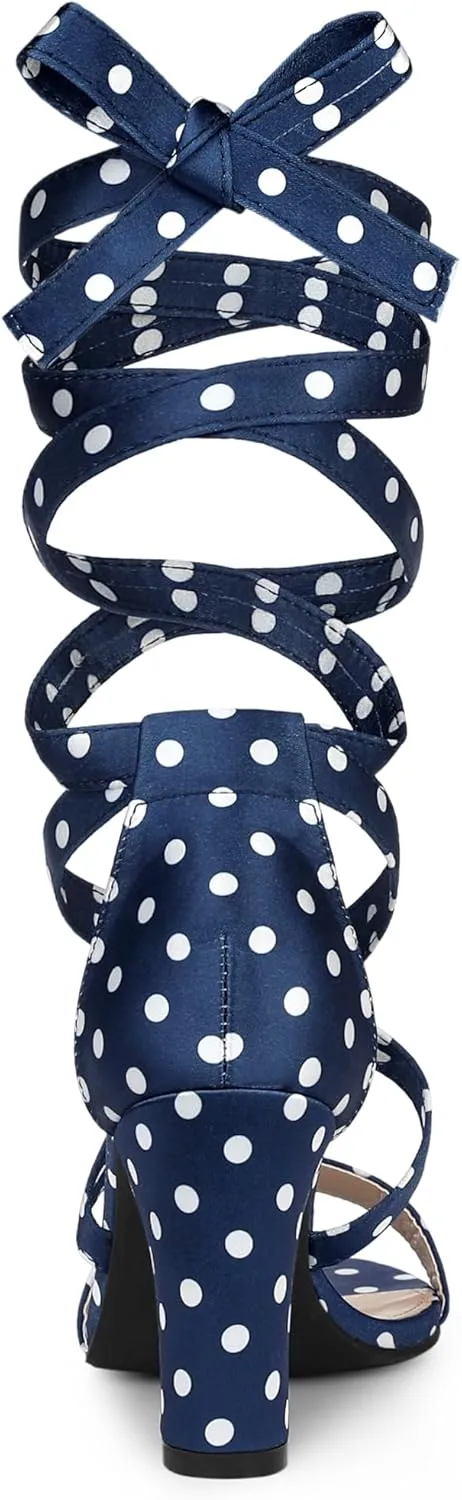 Allegra K Women's Polka Dots Strappy Heels Lace Up Chunky Heels Sandals