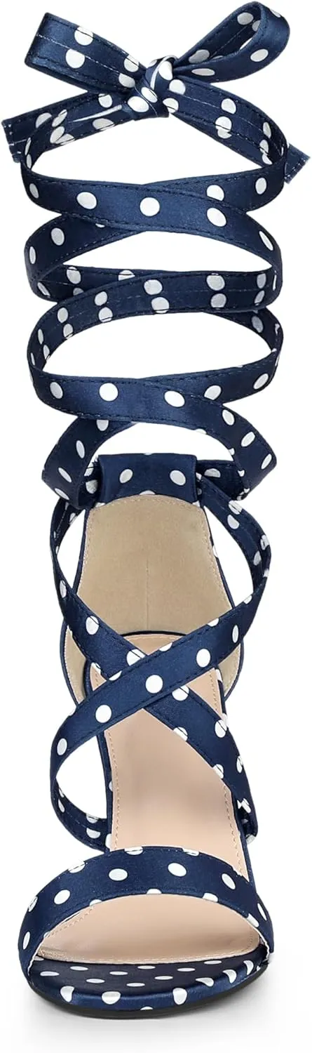 Allegra K Women's Polka Dots Strappy Heels Lace Up Chunky Heels Sandals