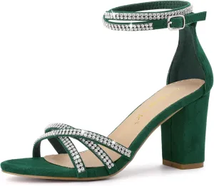 Allegra K Women's Rhinestones Strappy Chunky Heel Sandals