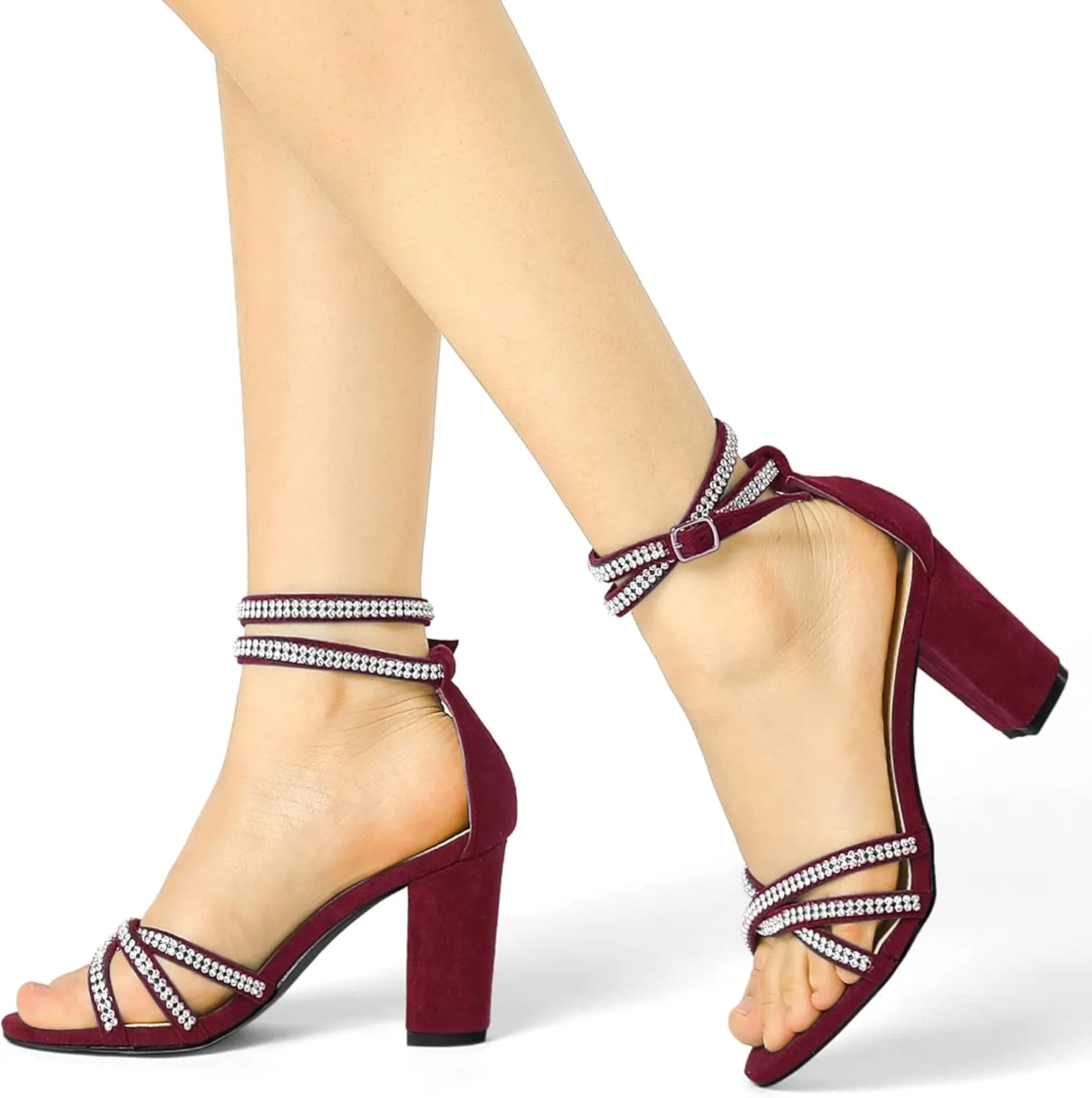 Allegra K Women's Rhinestones Strappy Chunky Heel Sandals