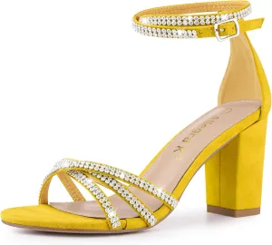 Allegra K Women's Rhinestones Strappy Chunky Heel Sandals