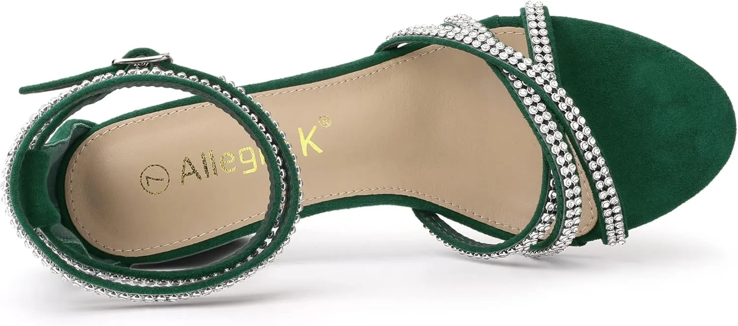 Allegra K Women's Rhinestones Strappy Chunky Heel Sandals