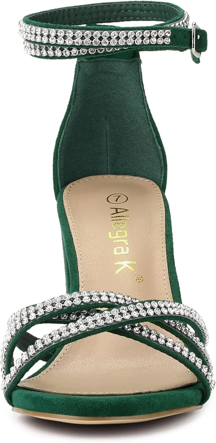 Allegra K Women's Rhinestones Strappy Chunky Heel Sandals