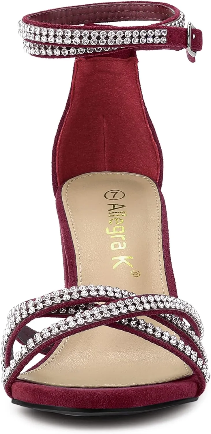 Allegra K Women's Rhinestones Strappy Chunky Heel Sandals