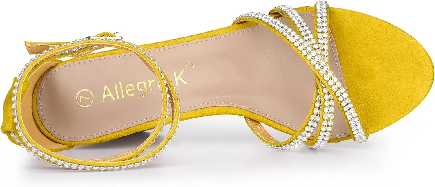 Allegra K Women's Rhinestones Strappy Chunky Heel Sandals