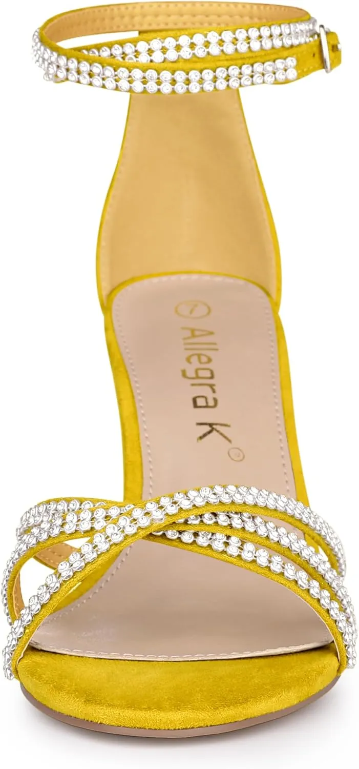 Allegra K Women's Rhinestones Strappy Chunky Heel Sandals