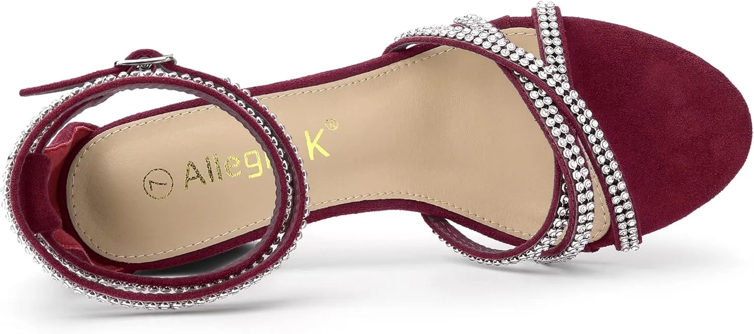 Allegra K Women's Rhinestones Strappy Chunky Heel Sandals