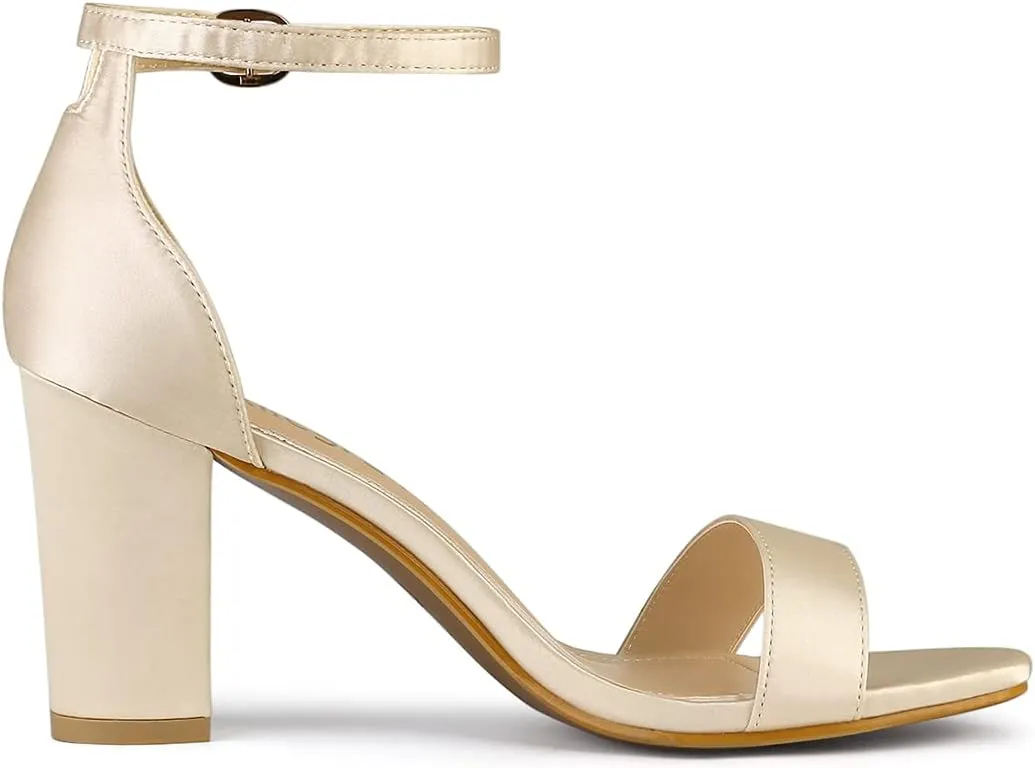 Allegra K Women's Satin Open Toe Ankle Strap Chunky Heels Sandals