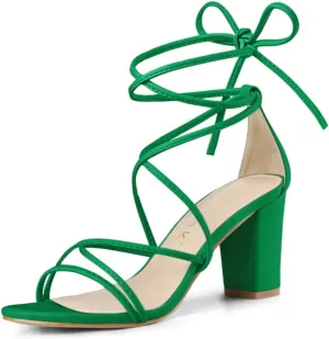 Allegra K Women's Strappy Lace Up Chunky Heeled Sandals