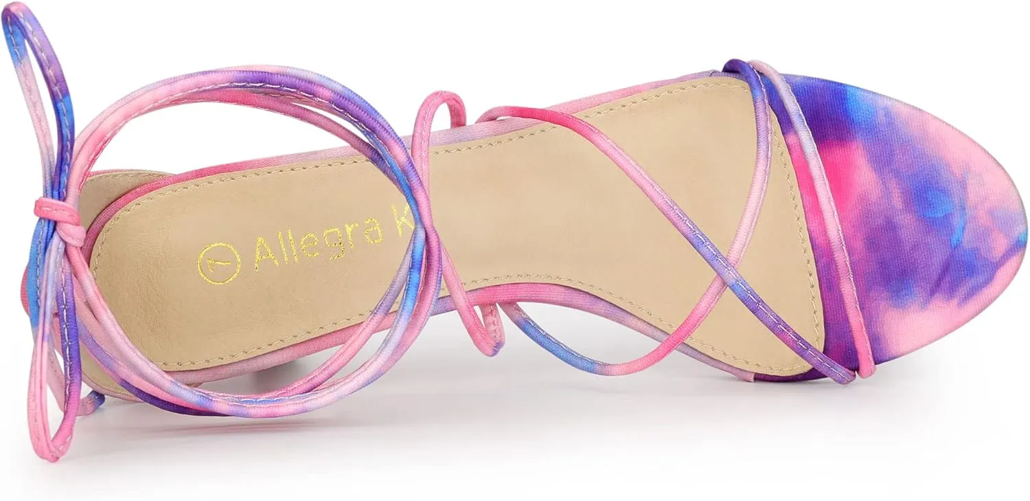 Allegra K Women's Strappy Tie Dye Heels Lace Up Kitten Heel Sandals