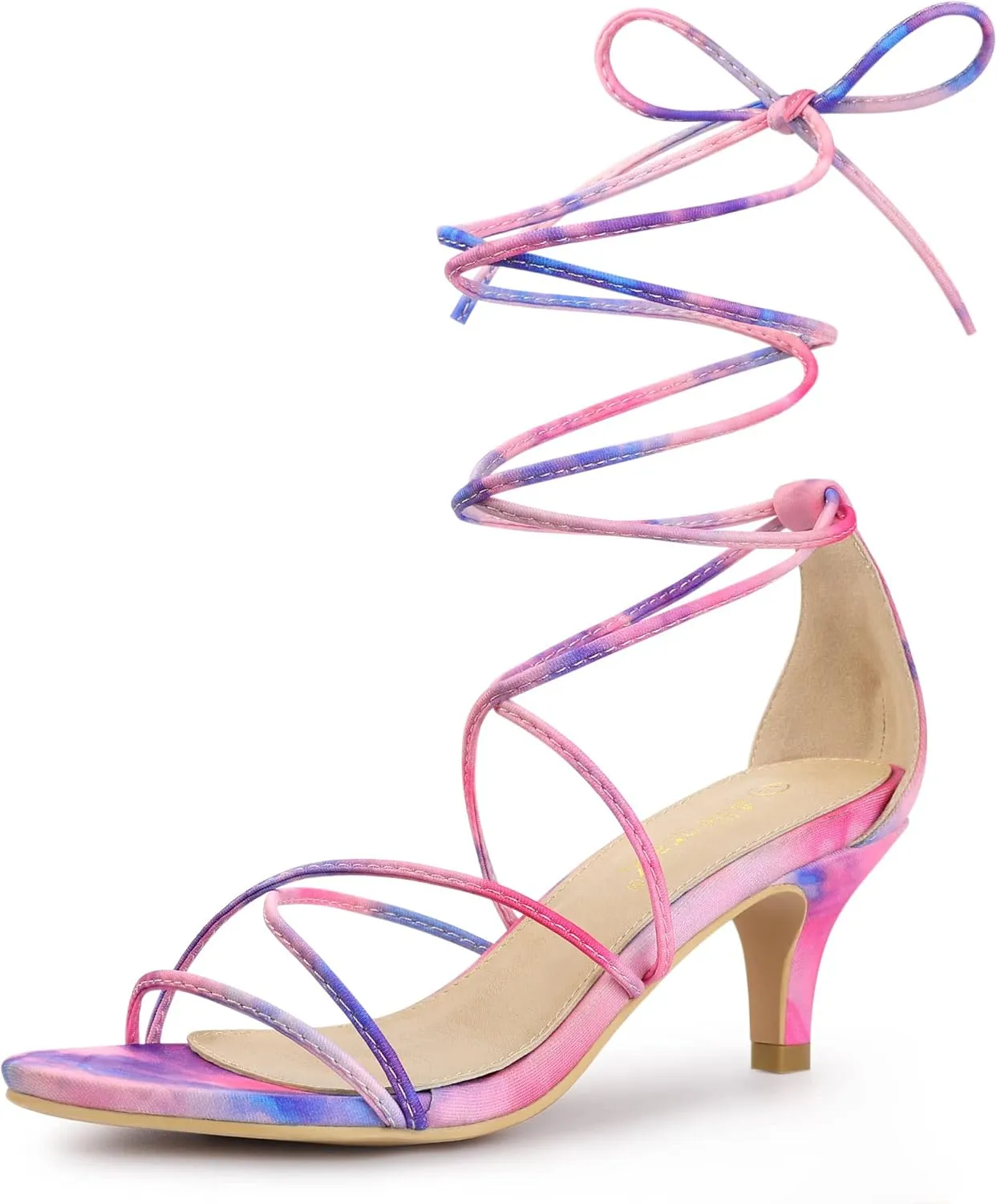 Allegra K Women's Strappy Tie Dye Heels Lace Up Kitten Heel Sandals