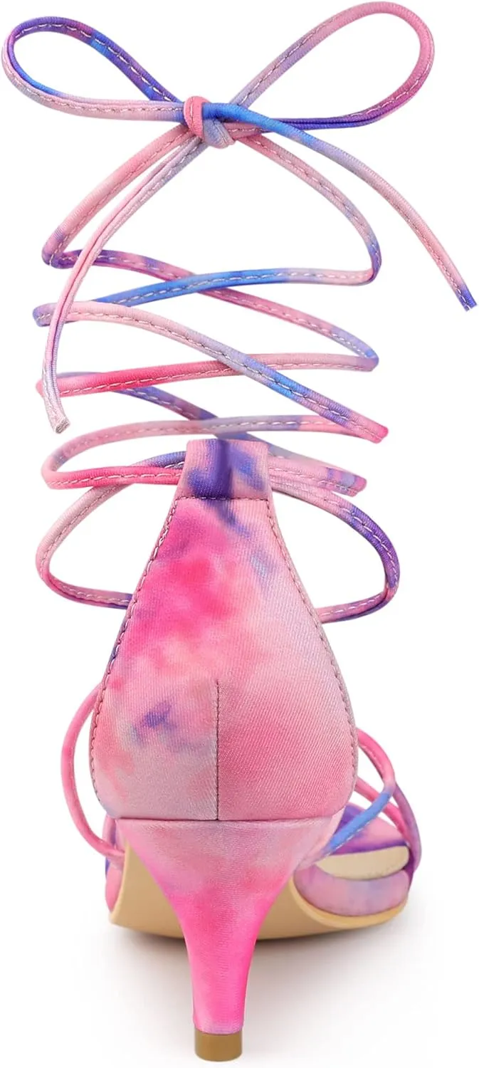 Allegra K Women's Strappy Tie Dye Heels Lace Up Kitten Heel Sandals