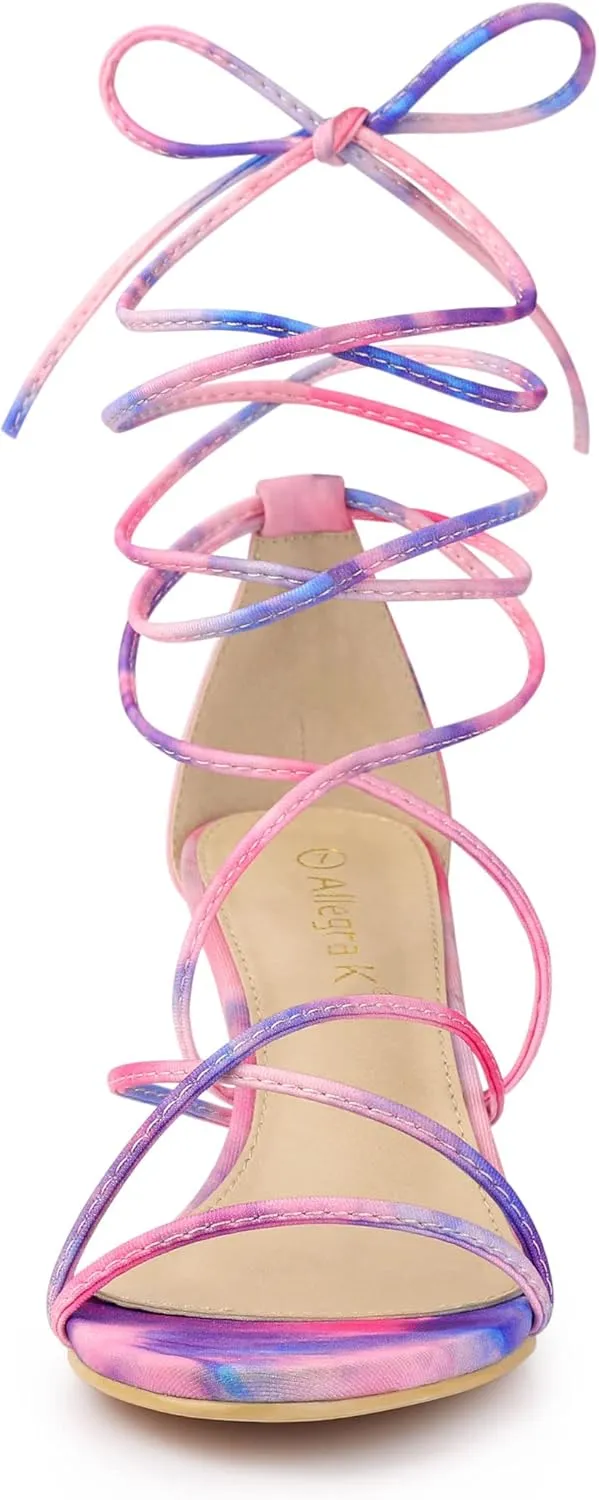 Allegra K Women's Strappy Tie Dye Heels Lace Up Kitten Heel Sandals