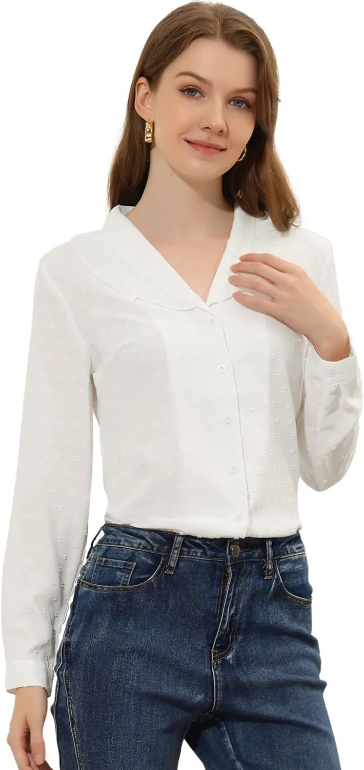 Allegra K Women's Swiss Dots Long Sleeve Button Front Ruffled Collar Shirt
