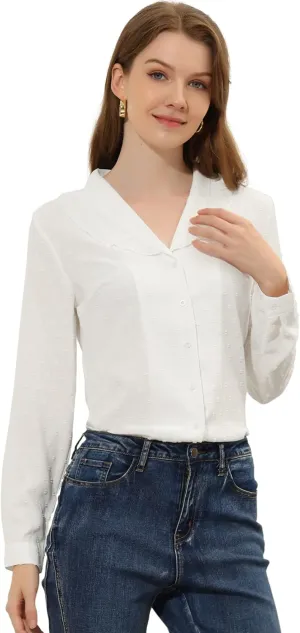 Allegra K Women's Swiss Dots Long Sleeve Button Front Ruffled Collar Shirt