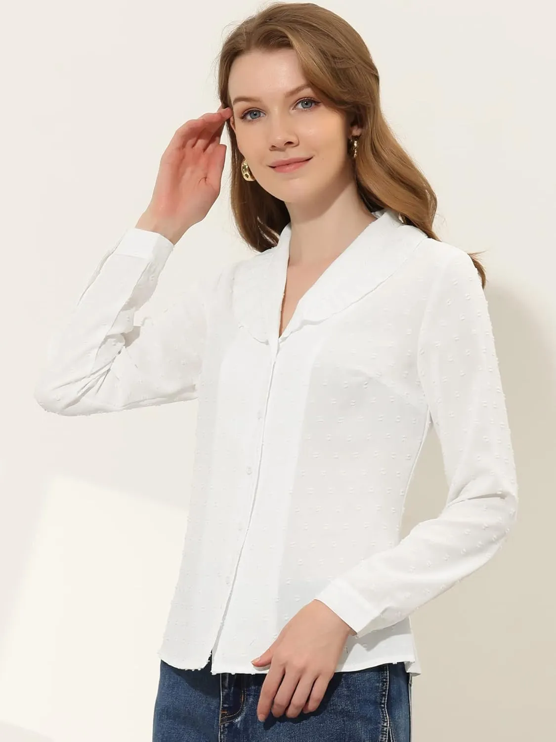 Allegra K Women's Swiss Dots Long Sleeve Button Front Ruffled Collar Shirt
