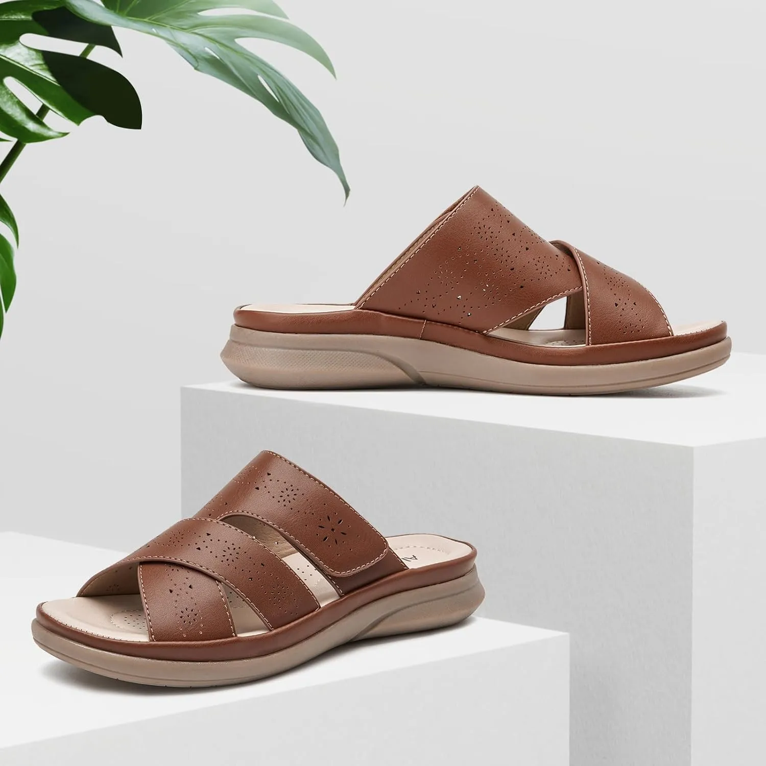 ALLOT Women's Slide Sandals Slip On Open Toe Dressy Summer Flat Sandals Arch Support Adjustable Straps Comfortable Beach Walking Shoes