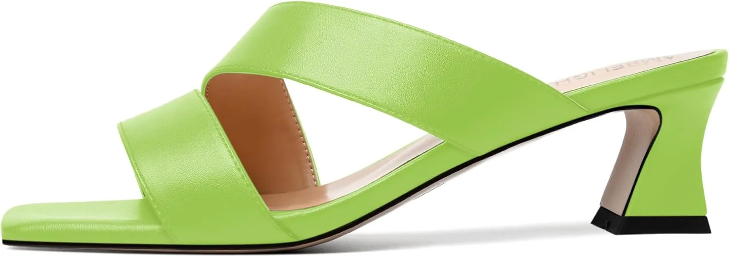 AMBELIGHT Womens Matte Casual Solid Slip On Indoor Square Toe Kitten Low Heel Heeled Sandals 2 Inch
