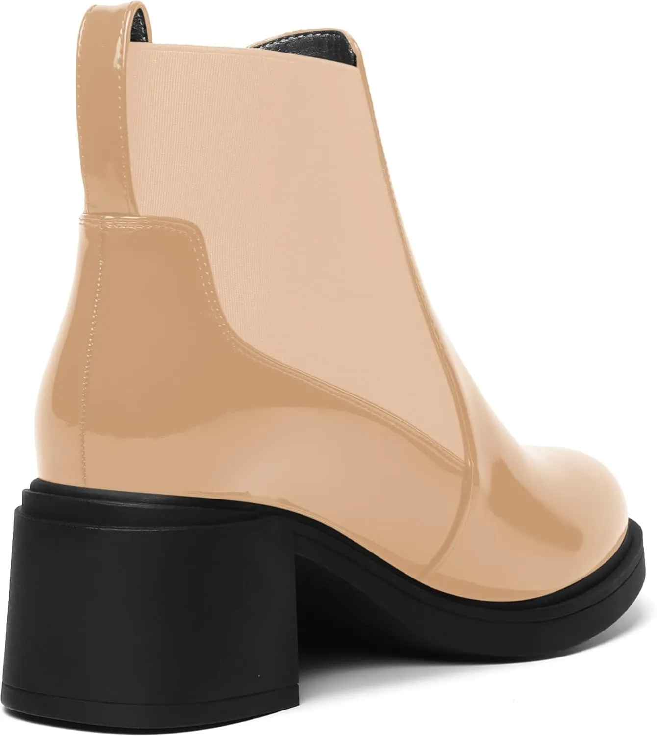 AMBELIGHT Womens Office Patent Chelsea Casual Elastic Round Toe Solid Chunky Mid Heel Ankle High Boots 2.5 Inch