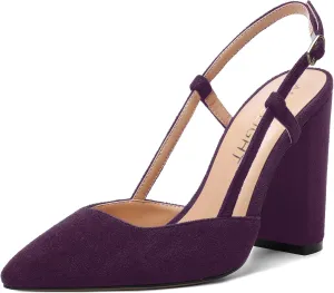 AMBELIGHT Womens Pointed Toe Buckle Evening Solid Slingback Suede Dress Chunky High Heel Pumps Shoes 4 Inch