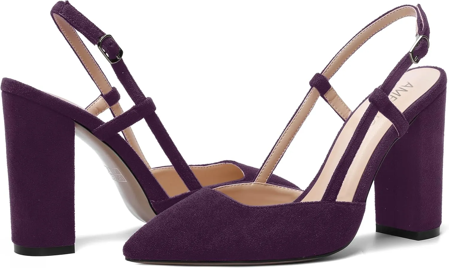 AMBELIGHT Womens Pointed Toe Buckle Evening Solid Slingback Suede Dress Chunky High Heel Pumps Shoes 4 Inch