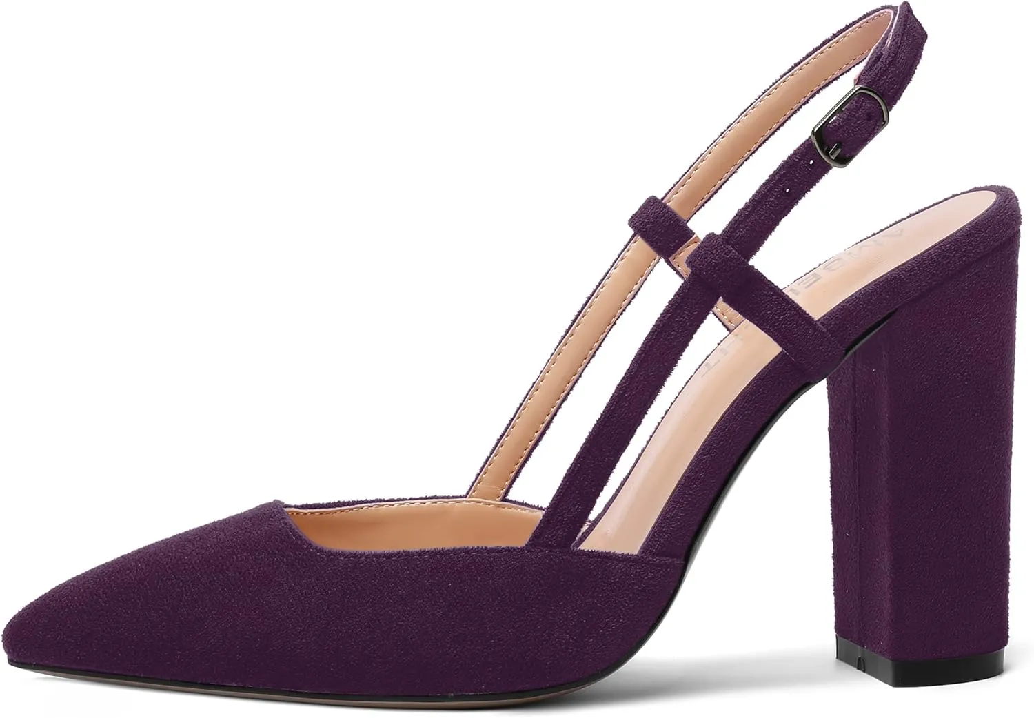 AMBELIGHT Womens Pointed Toe Buckle Evening Solid Slingback Suede Dress Chunky High Heel Pumps Shoes 4 Inch
