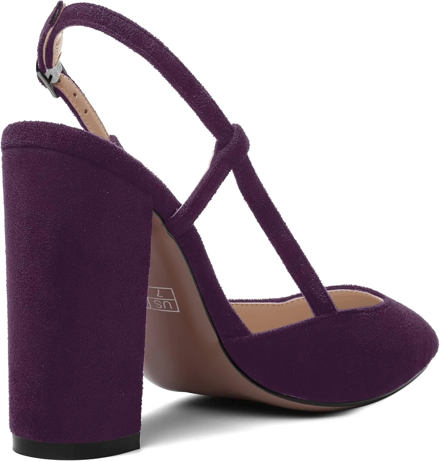 AMBELIGHT Womens Pointed Toe Buckle Evening Solid Slingback Suede Dress Chunky High Heel Pumps Shoes 4 Inch