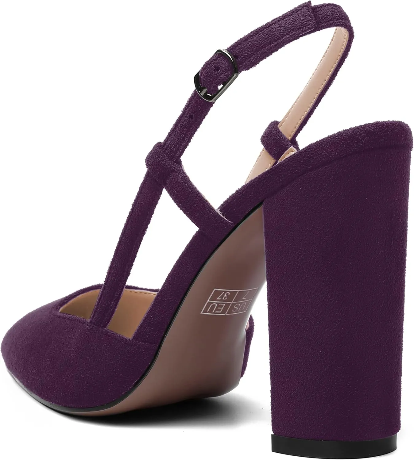 AMBELIGHT Womens Pointed Toe Buckle Evening Solid Slingback Suede Dress Chunky High Heel Pumps Shoes 4 Inch