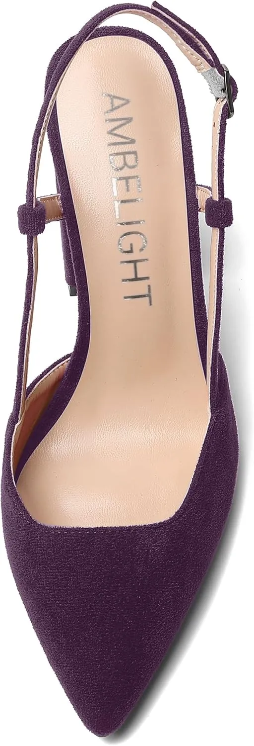 AMBELIGHT Womens Pointed Toe Buckle Evening Solid Slingback Suede Dress Chunky High Heel Pumps Shoes 4 Inch