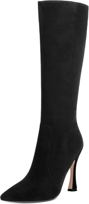 AMBELIGHT Womens Solid Pointed Toe Zip Dating Casual Suede Stiletto High Heel Knee High Boots 4 Inch