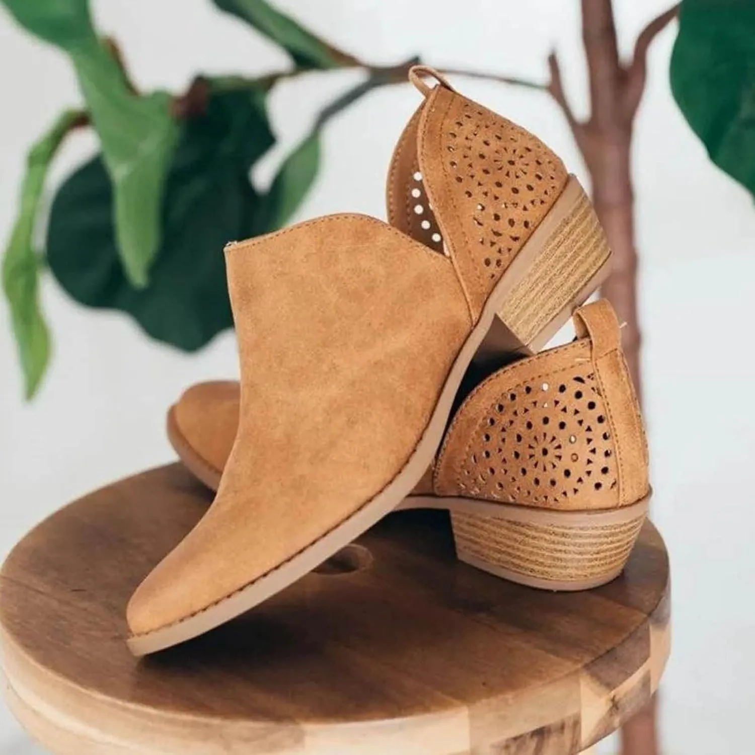 AMDBEL Booties for Women Dressy 2024 Ankle Booties Low Heel Short Boots Chelsea Boots Hollow Out Pointd Toe Fall Winter Shoes