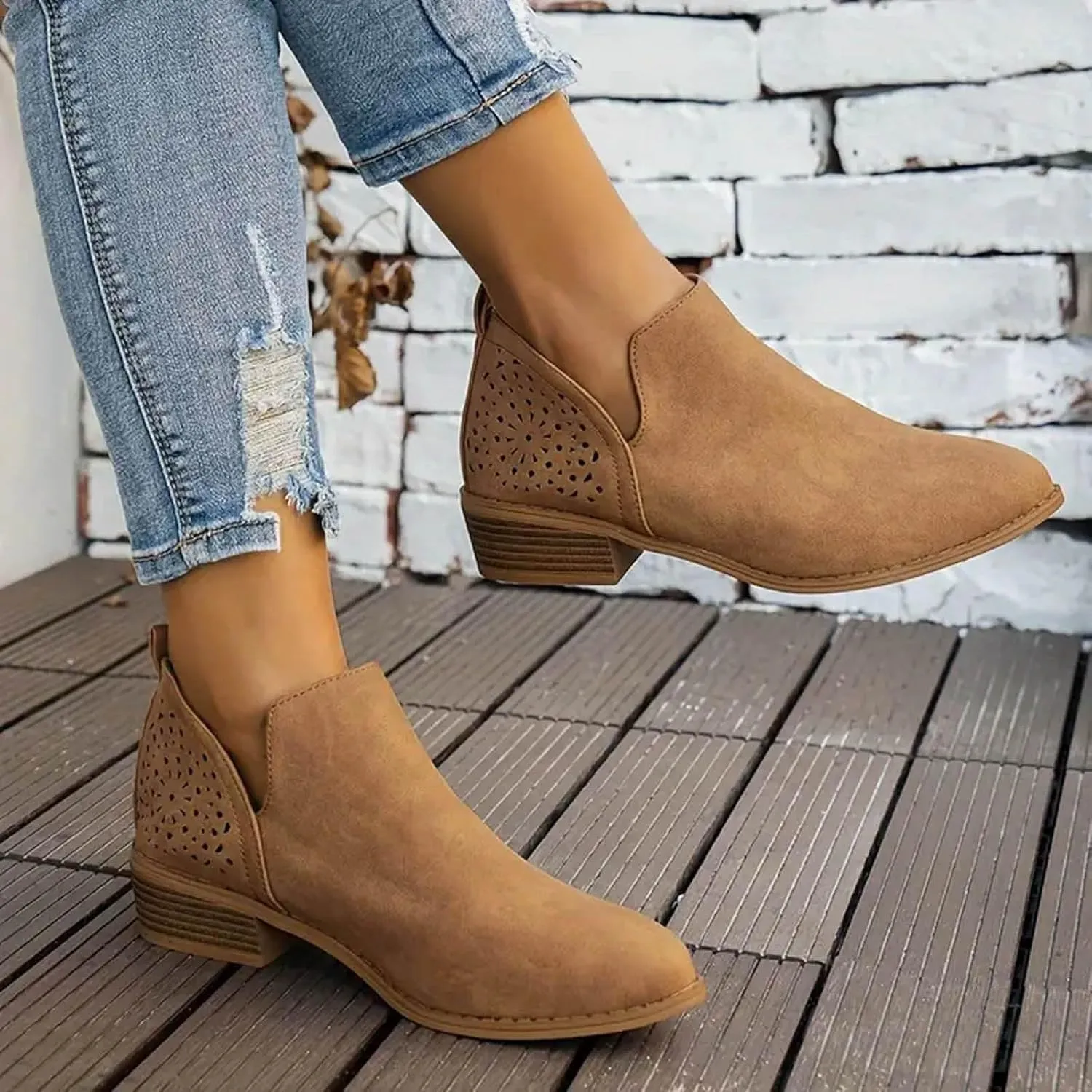 AMDBEL Booties for Women Dressy 2024 Ankle Booties Low Heel Short Boots Chelsea Boots Hollow Out Pointd Toe Fall Winter Shoes