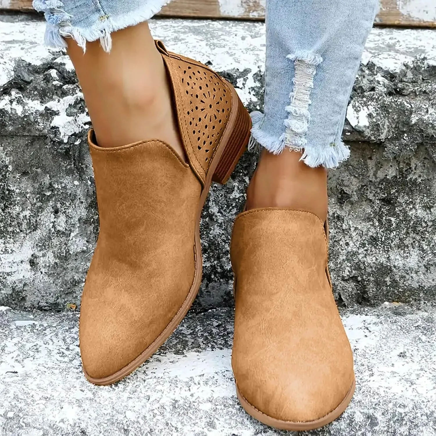 AMDBEL Booties for Women Dressy 2024 Ankle Booties Low Heel Short Boots Chelsea Boots Hollow Out Pointd Toe Fall Winter Shoes