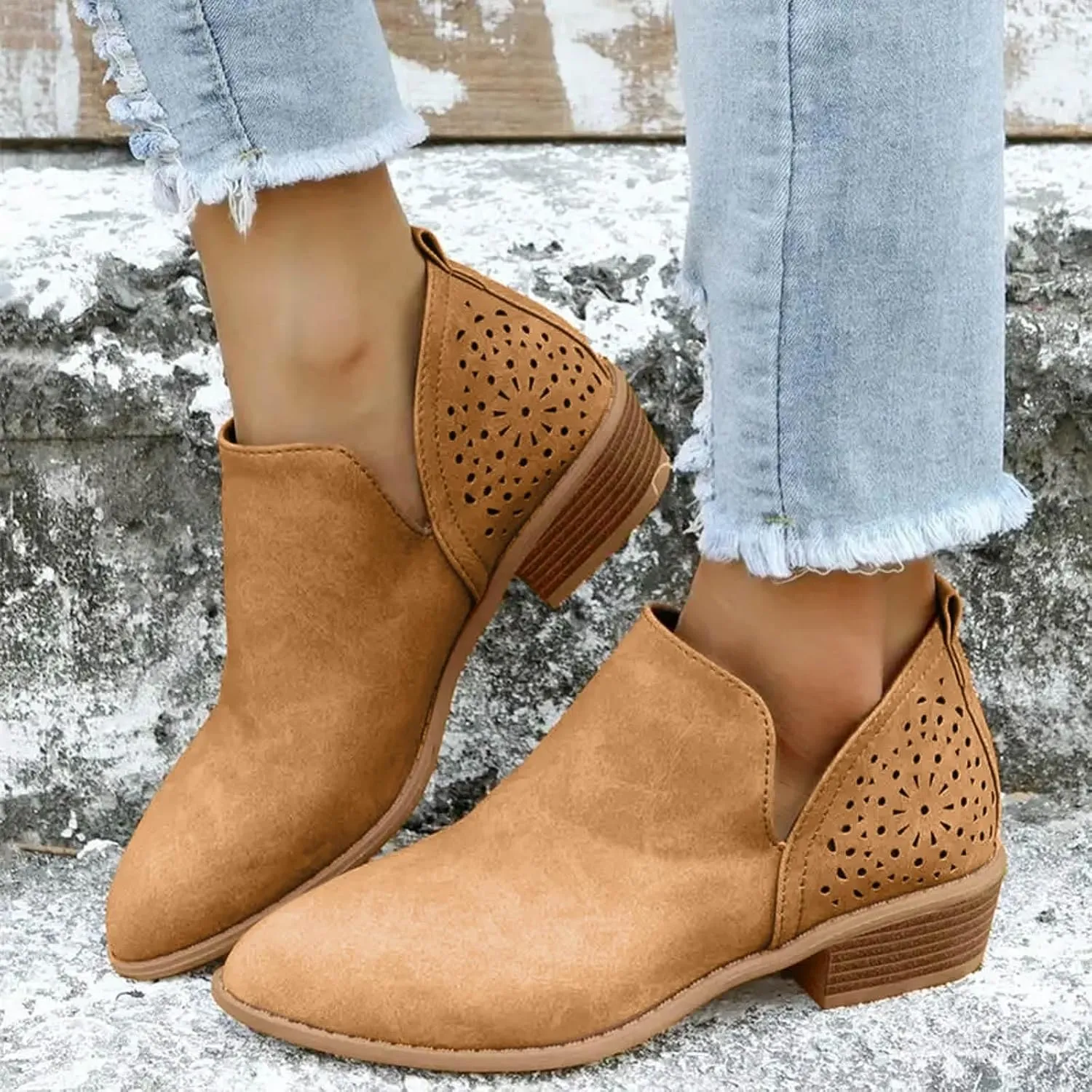 AMDBEL Booties for Women Dressy 2024 Ankle Booties Low Heel Short Boots Chelsea Boots Hollow Out Pointd Toe Fall Winter Shoes
