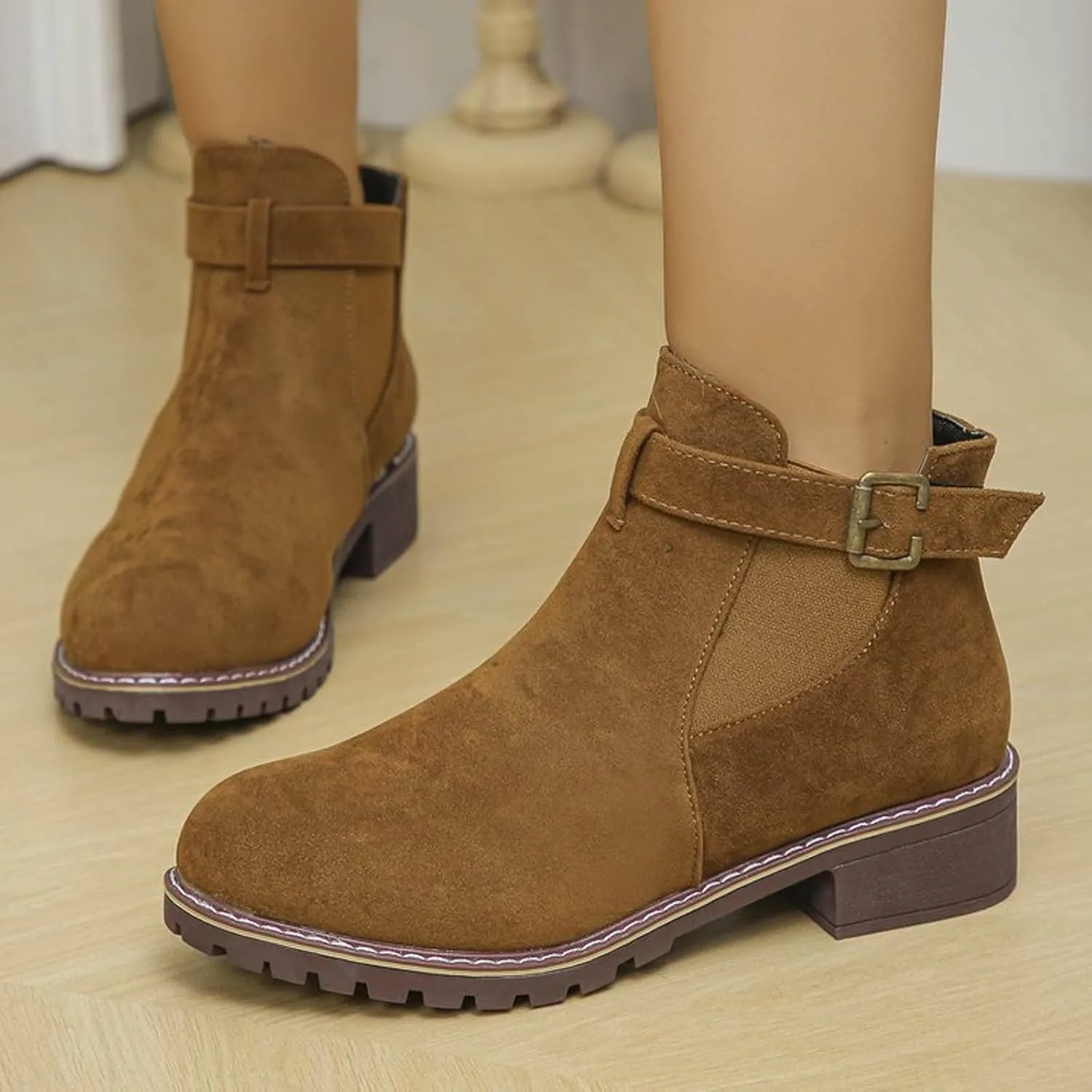 AMDBEL Booties for Women Dressy 2024 Ankle Boots Low Thick Heel Comfortable Round Toe Suede Short Boots Winter Shoes