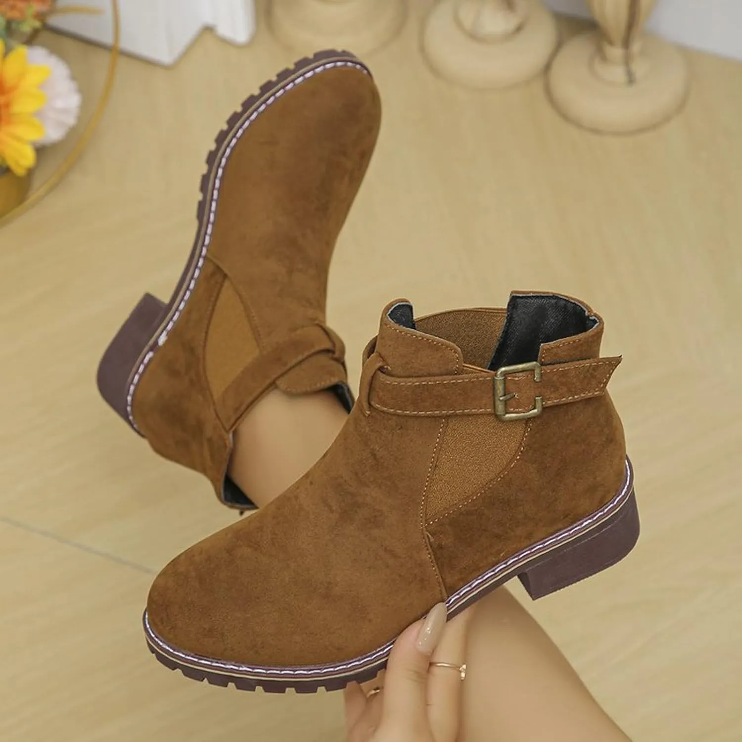 AMDBEL Booties for Women Dressy 2024 Ankle Boots Low Thick Heel Comfortable Round Toe Suede Short Boots Winter Shoes