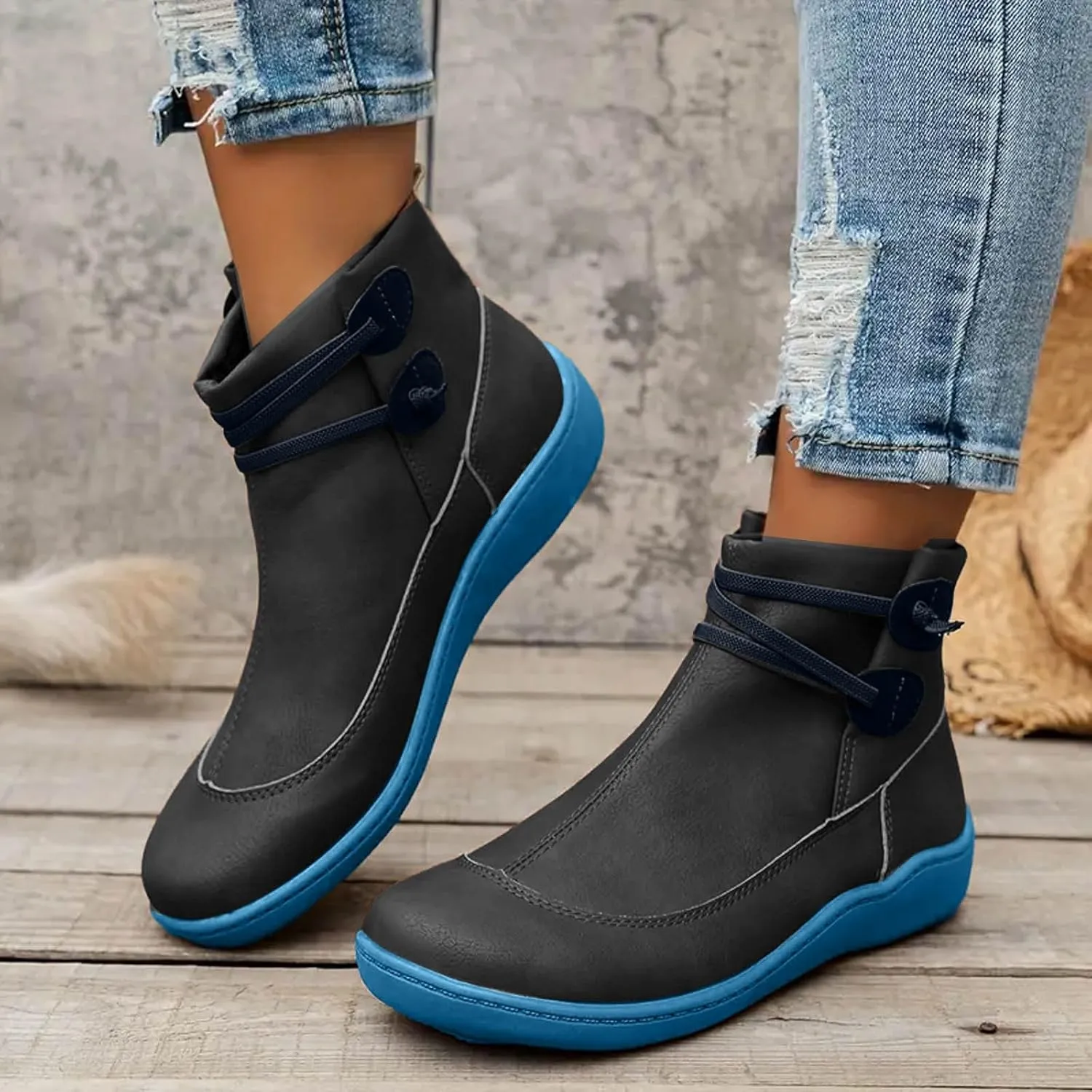 AMDBEL Boots for Women Ankle Booties No Heel Premium Orthopedic Shoes Arch Support Leather Comfortable Side Zip Winter Boots