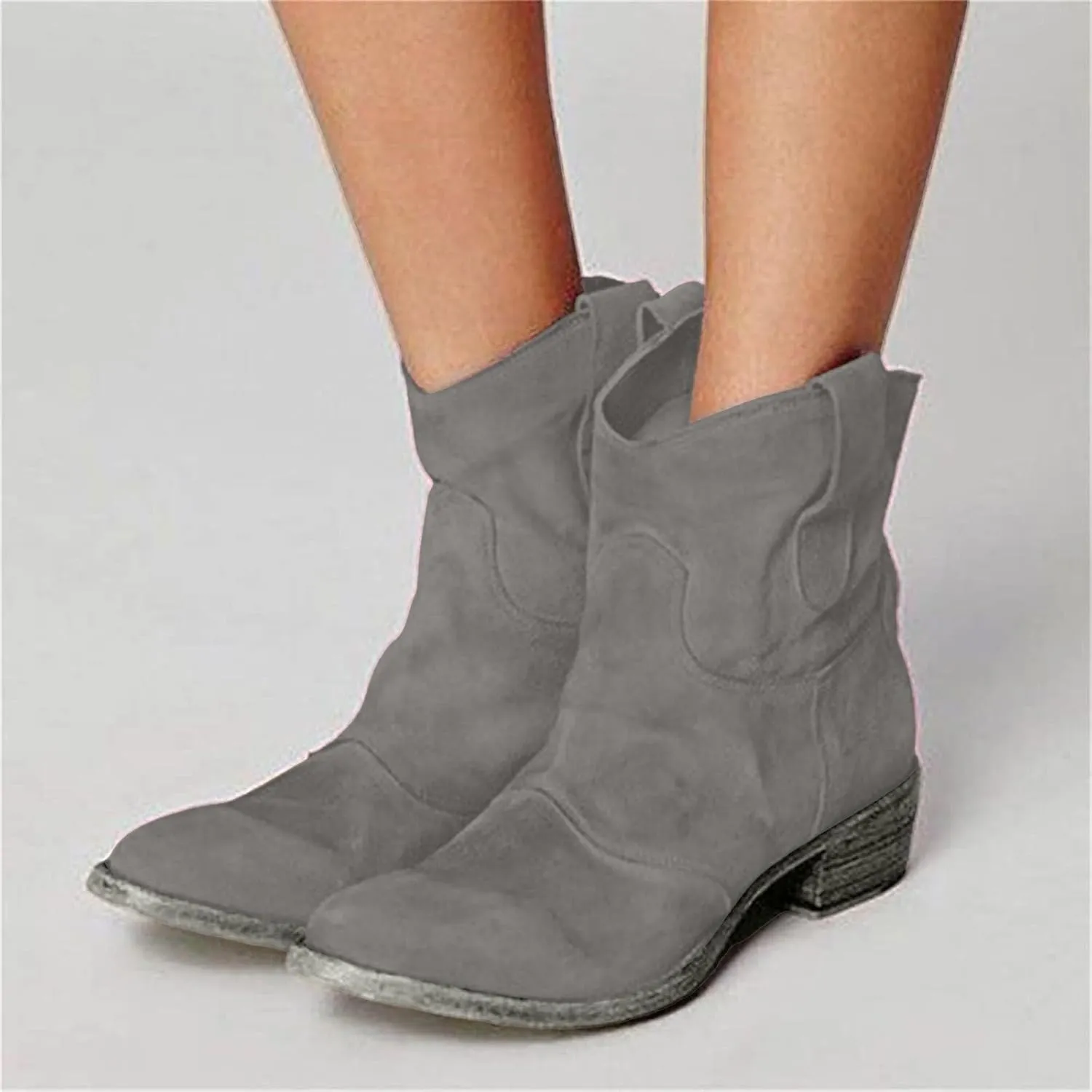 AMDBEL Boots for Women Ankle Booties, Women's Ankle Boots Chunky Low Heel Suede Mid Calf Zipper Cowboy Boots Winter Booties