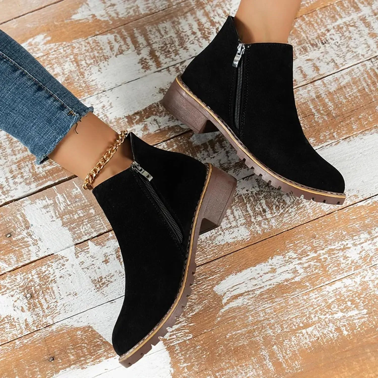 AMDBEL Fall Boots for Women 2024 Low Heel Round Toe Suede Booties Comfy Zipper Short Chelsea Fall Winter Boots Shoes