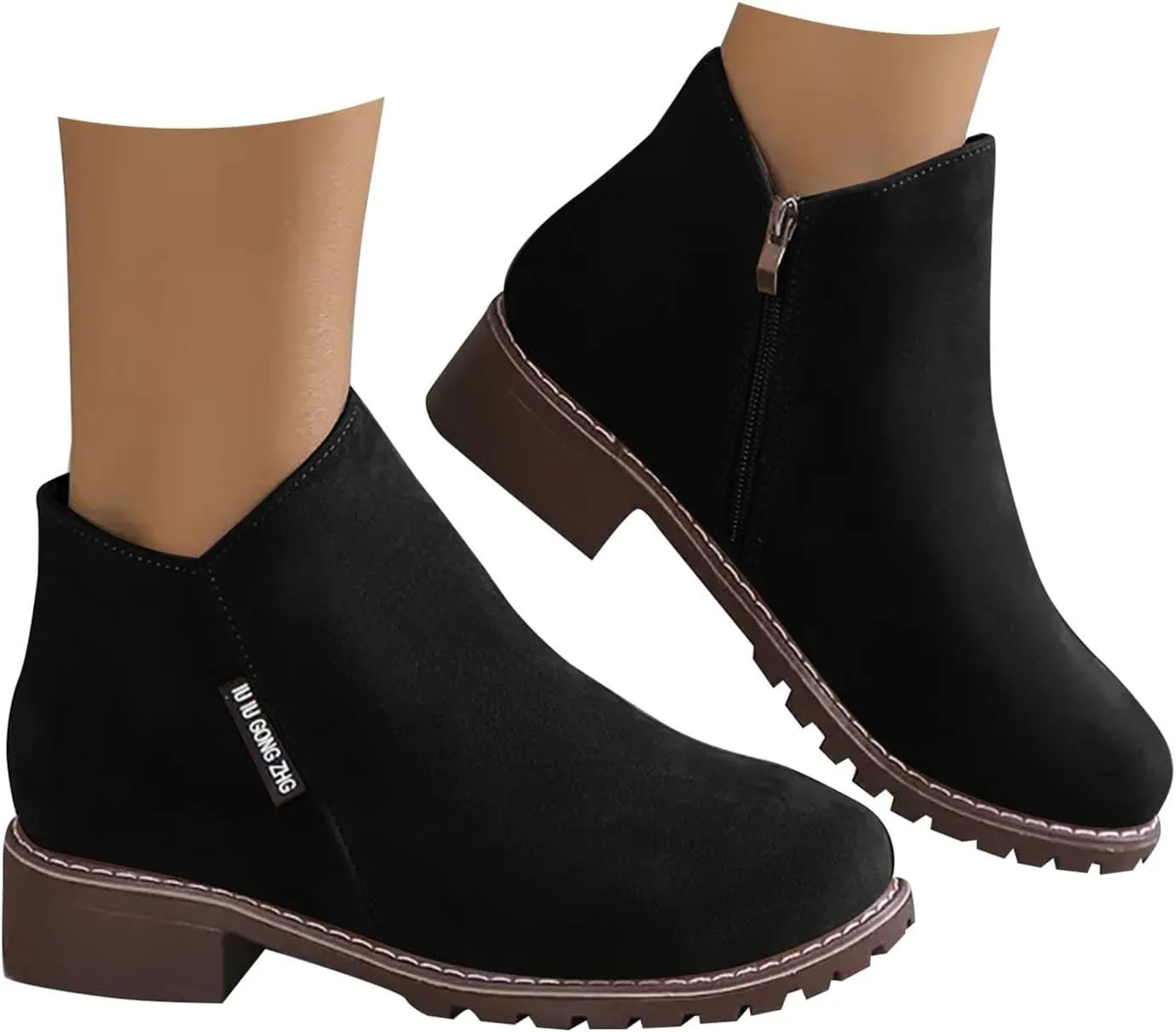 AMDBEL Fall Boots for Women 2024 Low Heel Round Toe Suede Booties Comfy Zipper Short Chelsea Fall Winter Boots Shoes