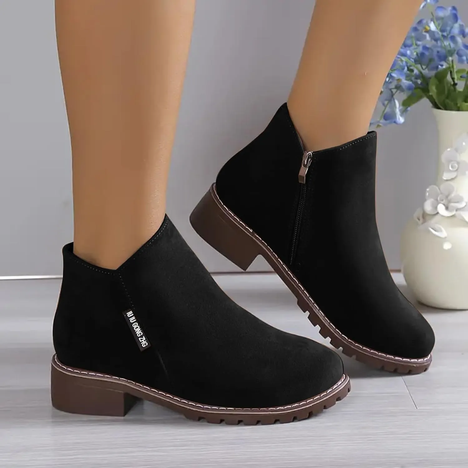 AMDBEL Fall Boots for Women 2024 Low Heel Round Toe Suede Booties Comfy Zipper Short Chelsea Fall Winter Boots Shoes