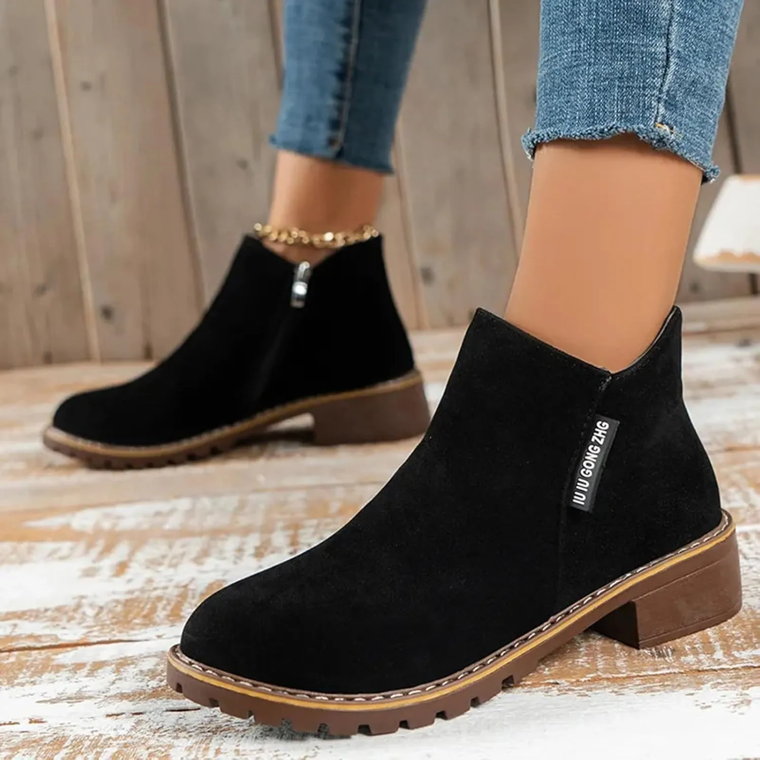 AMDBEL Fall Boots for Women 2024 Low Heel Round Toe Suede Booties Comfy Zipper Short Chelsea Fall Winter Boots Shoes