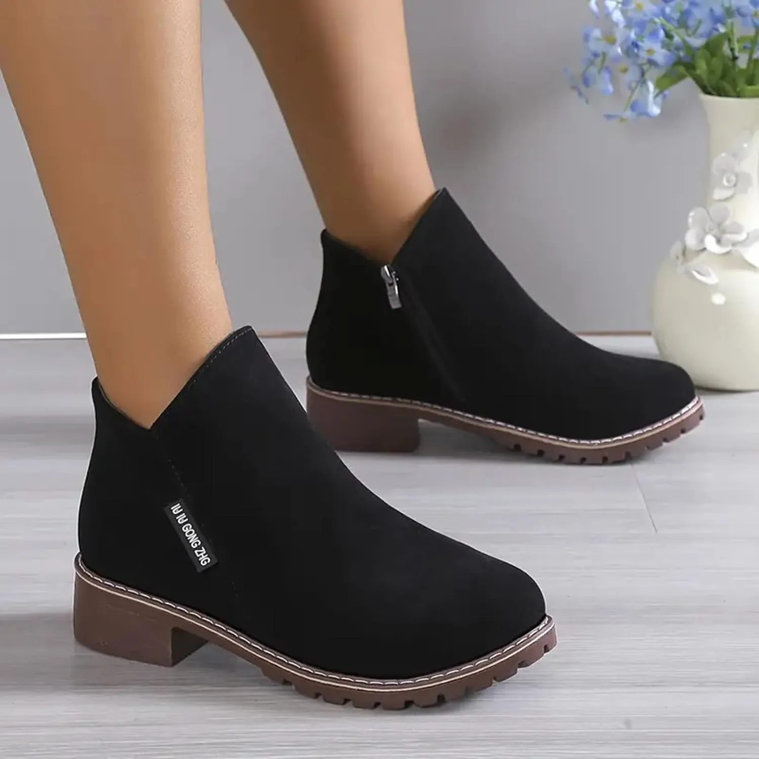AMDBEL Fall Boots for Women 2024 Low Heel Round Toe Suede Booties Comfy Zipper Short Chelsea Fall Winter Boots Shoes