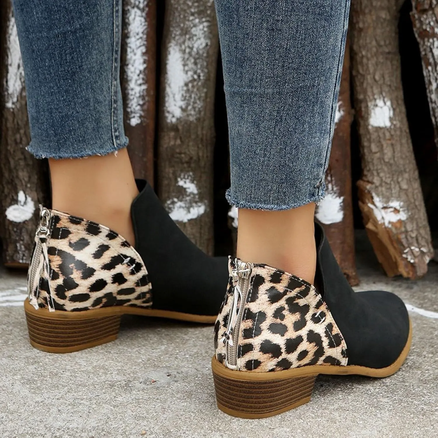 AMDBEL Fall Boots for Women 2024, Women's Ankle Boots Round Toe Leopard Print Side Zipper Short Boot Winter Walking Shoes