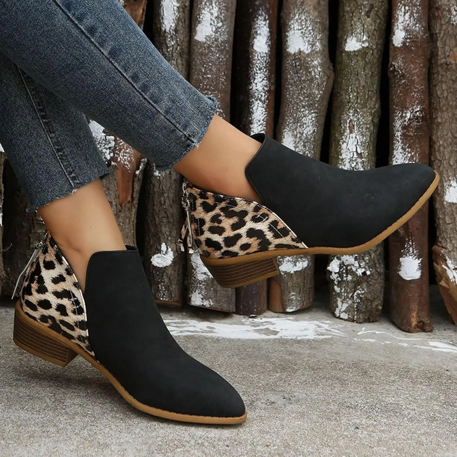 AMDBEL Fall Boots for Women 2024, Women's Ankle Boots Round Toe Leopard Print Side Zipper Short Boot Winter Walking Shoes
