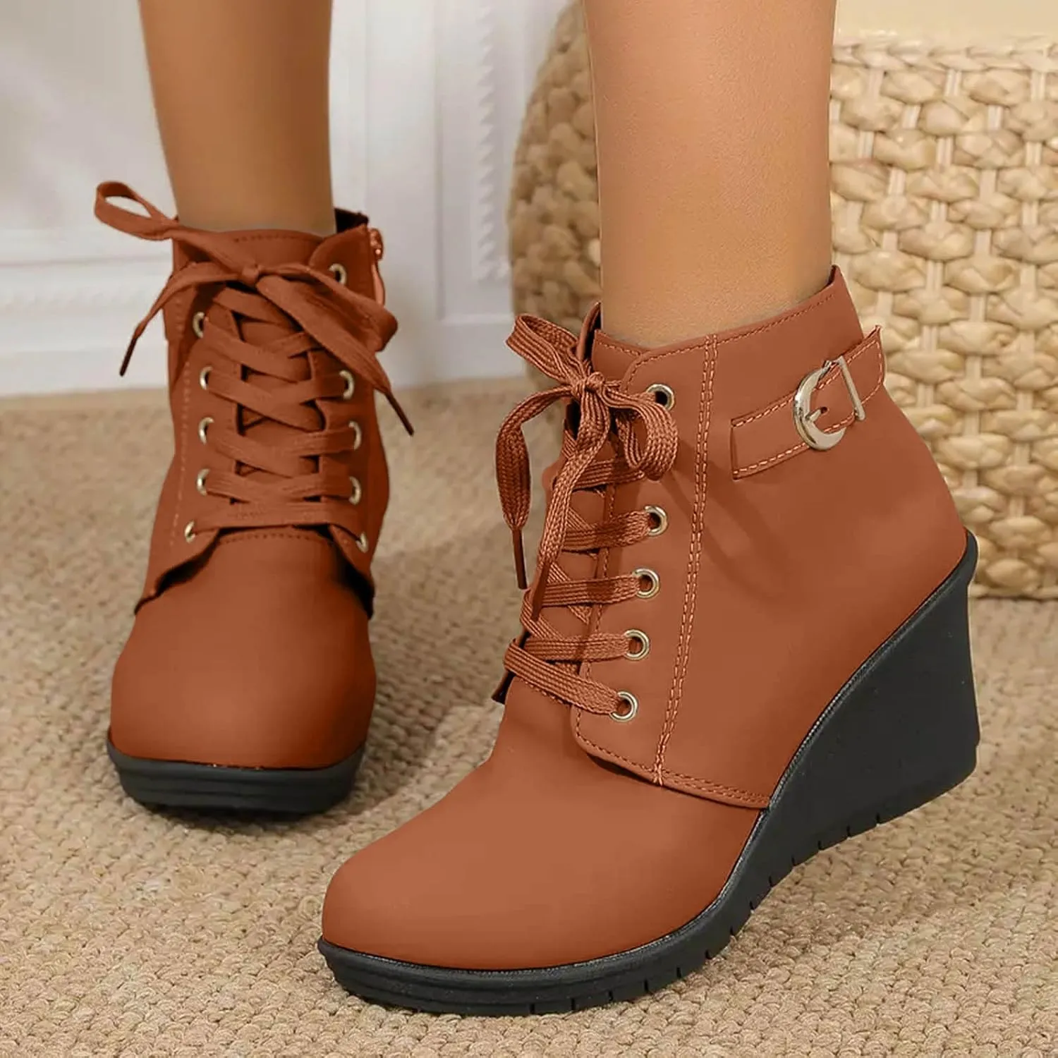 AMDBEL Fall Boots for Women 2024, Women's Ankle Boots Square Heel Lace Up Short Boots Winter Wedge Booties Shoes