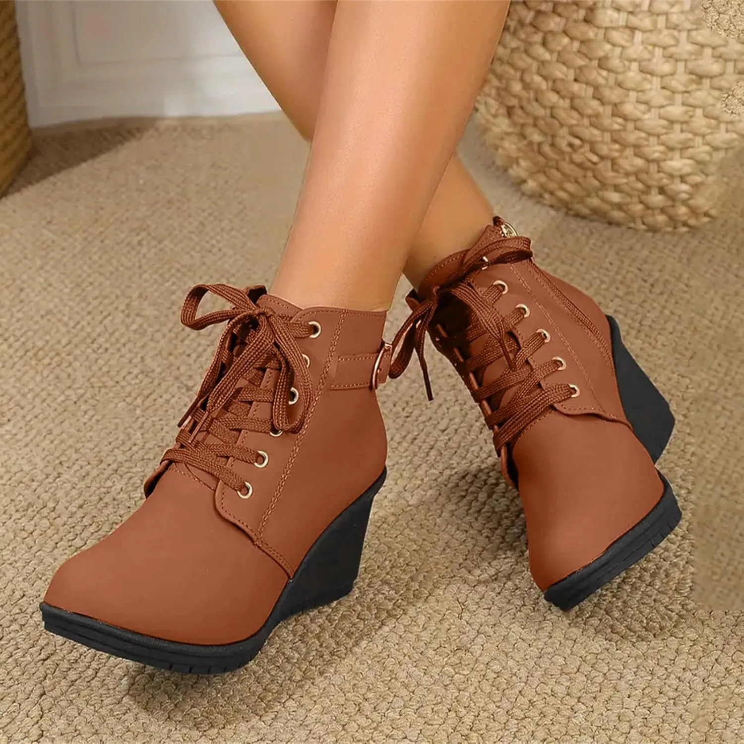 AMDBEL Fall Boots for Women 2024, Women's Ankle Boots Square Heel Lace Up Short Boots Winter Wedge Booties Shoes